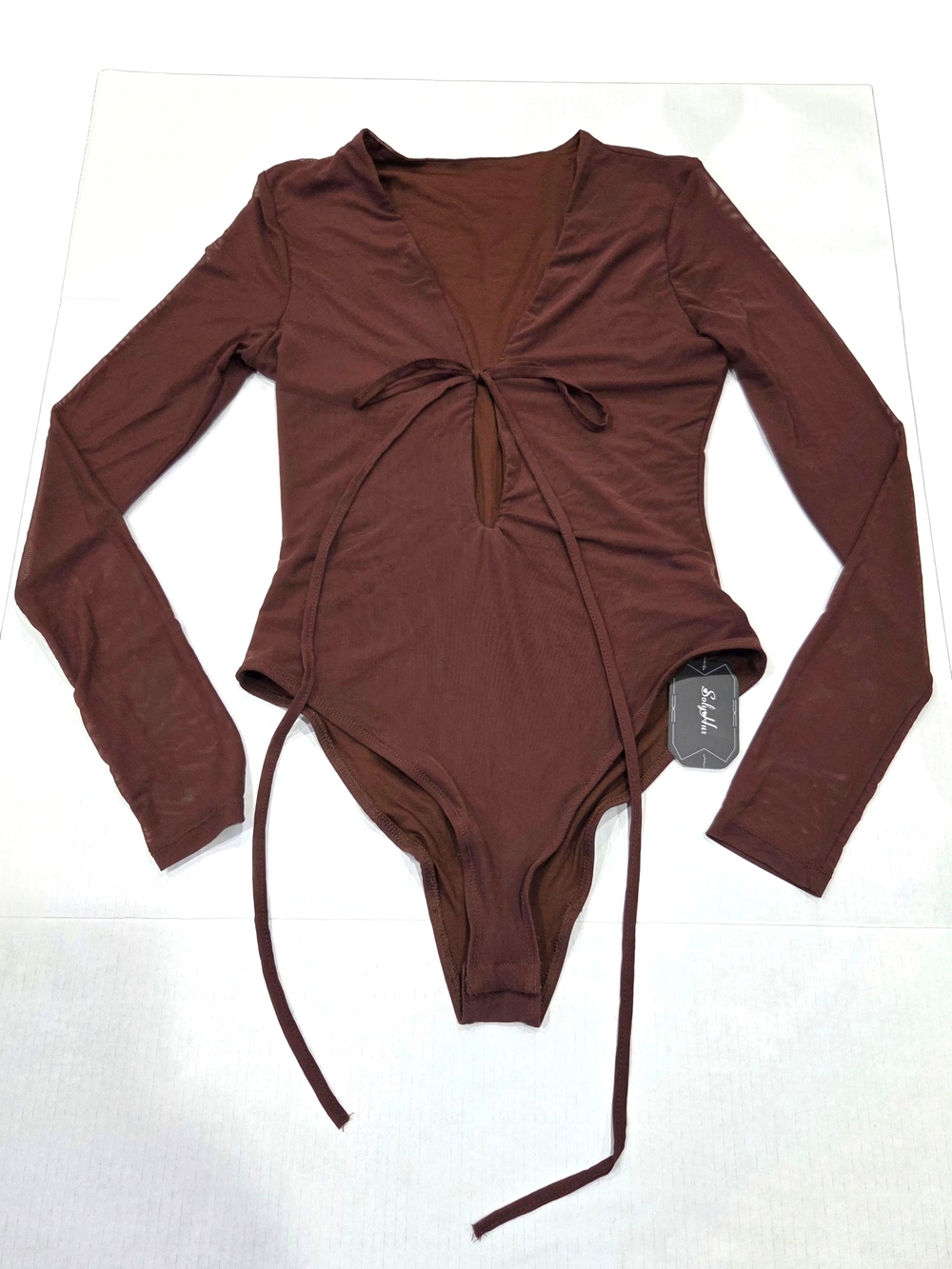 NWT Soly Hux Chocolate Mesh Tie-Front Keyhole Cutout Bodysuit Size Medium